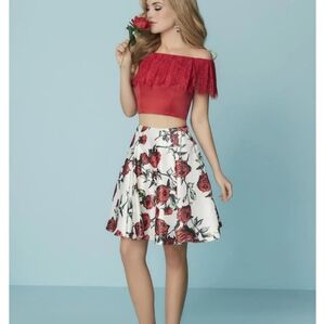 Size 10 red/white 2 piece homecoming dress w/ floral satin skirt by Hannah S